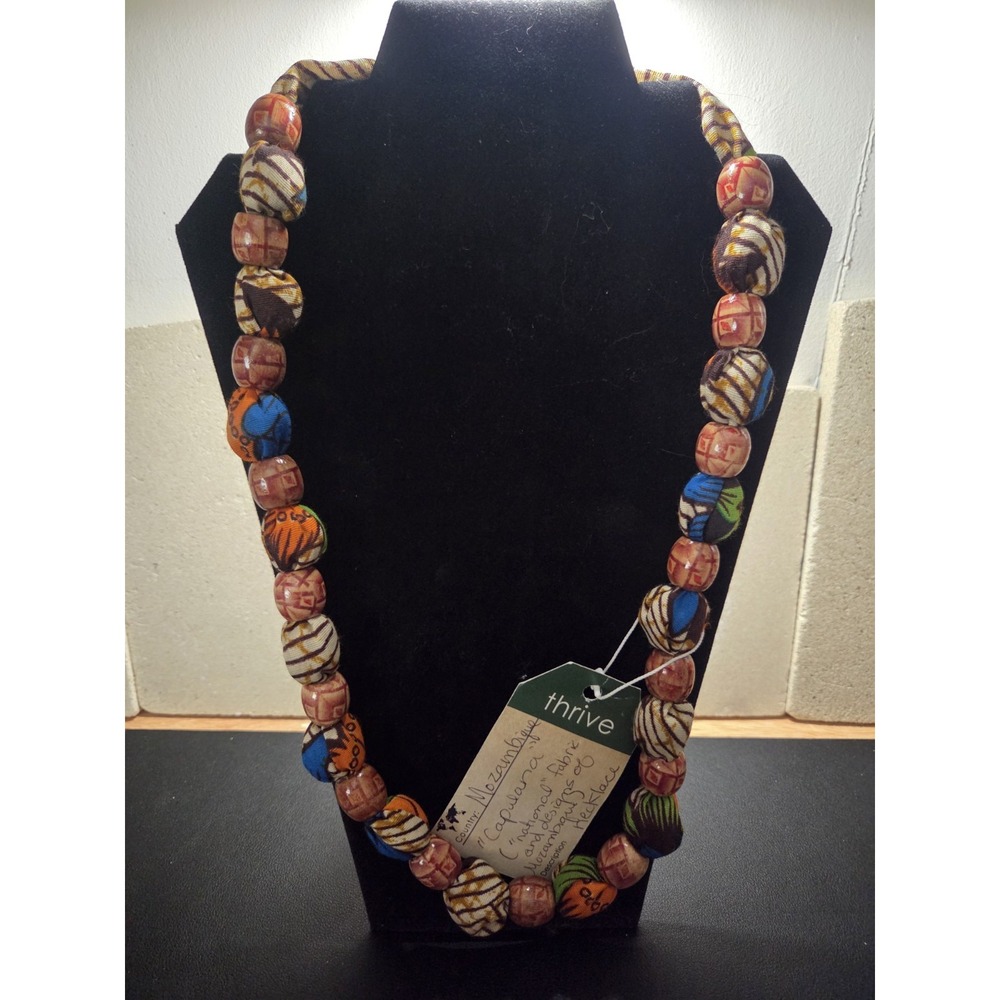 Mozambique Capulana Fabric Wood Bead Necklace Handmade Global Market Boho